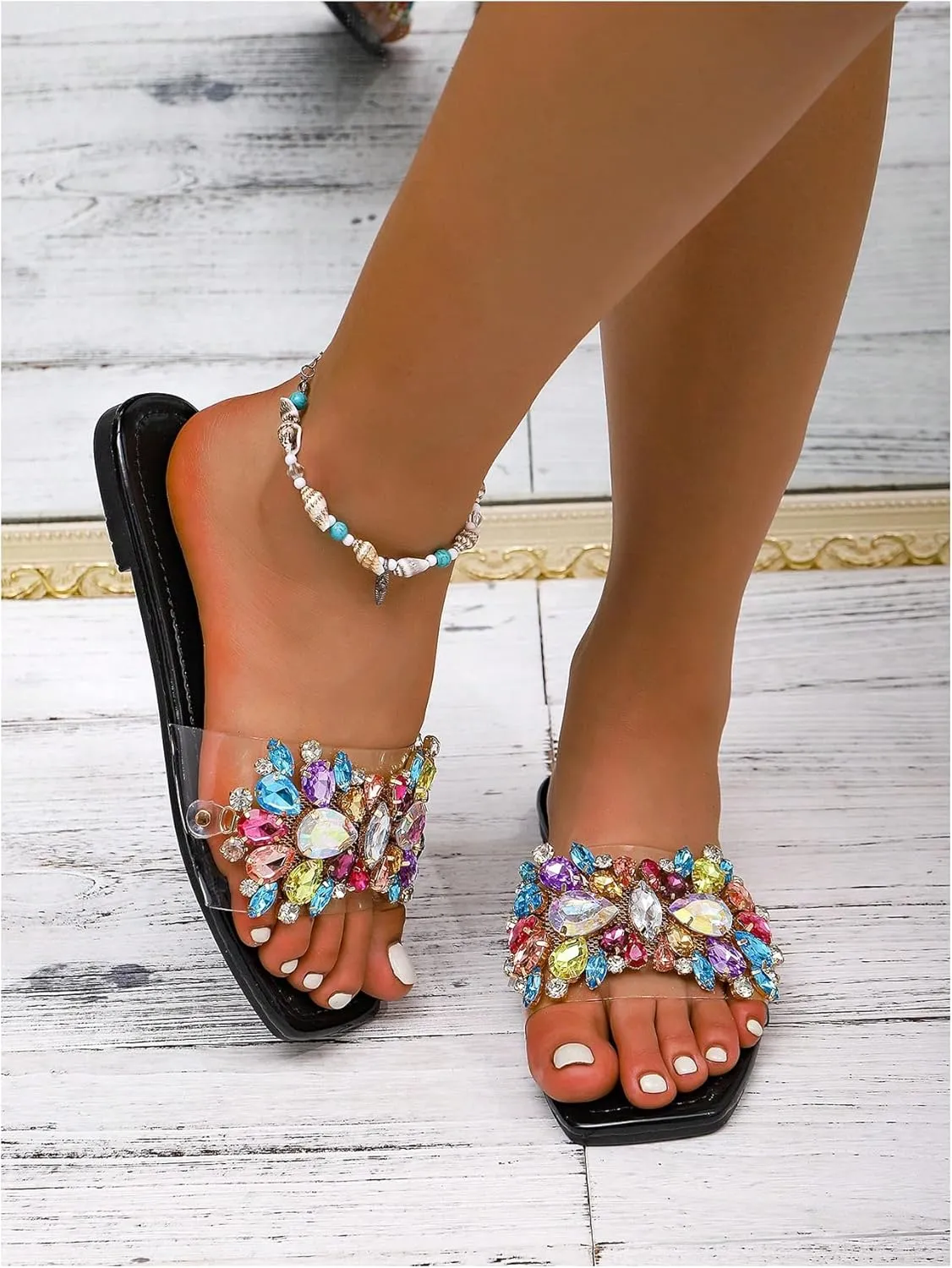 Verdusa Women's Rhinestone Clear Flat Sandals Square Toe Slides Sparkle Transparent Sandals