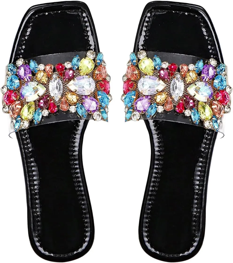 Verdusa Women's Rhinestone Clear Flat Sandals Square Toe Slides Sparkle Transparent Sandals