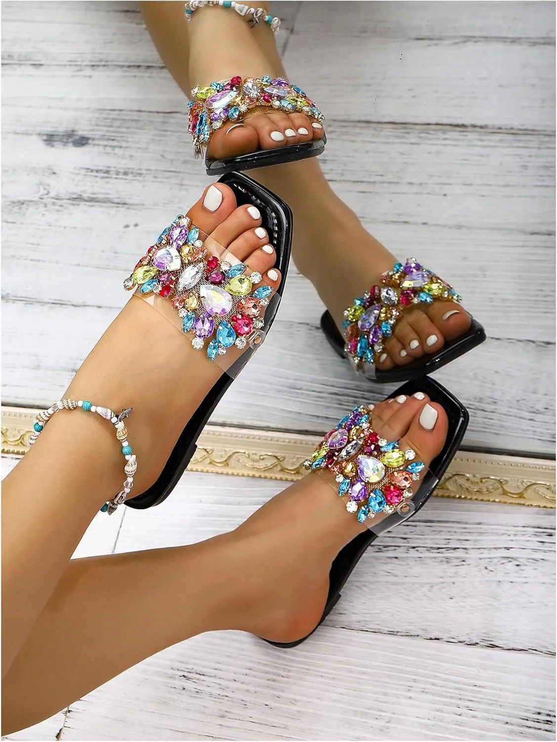 Verdusa Women's Rhinestone Clear Flat Sandals Square Toe Slides Sparkle Transparent Sandals