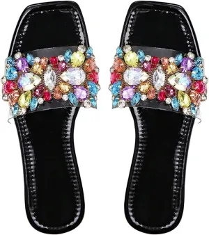 Verdusa Women's Rhinestone Clear Flat Sandals Square Toe Slides Sparkle Transparent Sandals
