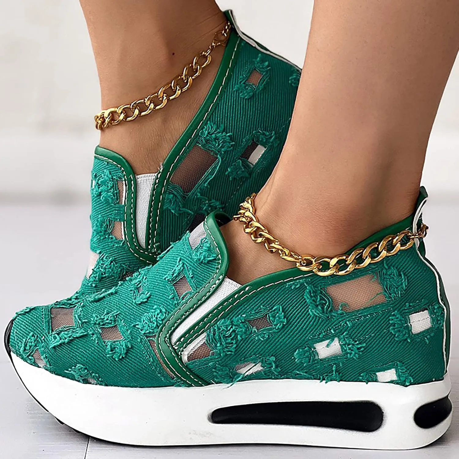 Wedge Floral Shoes Mesh Fashion Sneakers for Women Slip On Breathable Walking Shoes Women's Casual Embroidery Platform Sneakers Comfort Work Shoes High Heels Outdoor Travel Sports Shoes