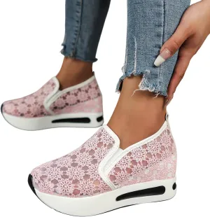 Wedge Floral Shoes Mesh Fashion Sneakers for Women Slip On Breathable Walking Shoes Women's Casual Embroidery Platform Sneakers Comfort Work Shoes High Heels Outdoor Travel Sports Shoes