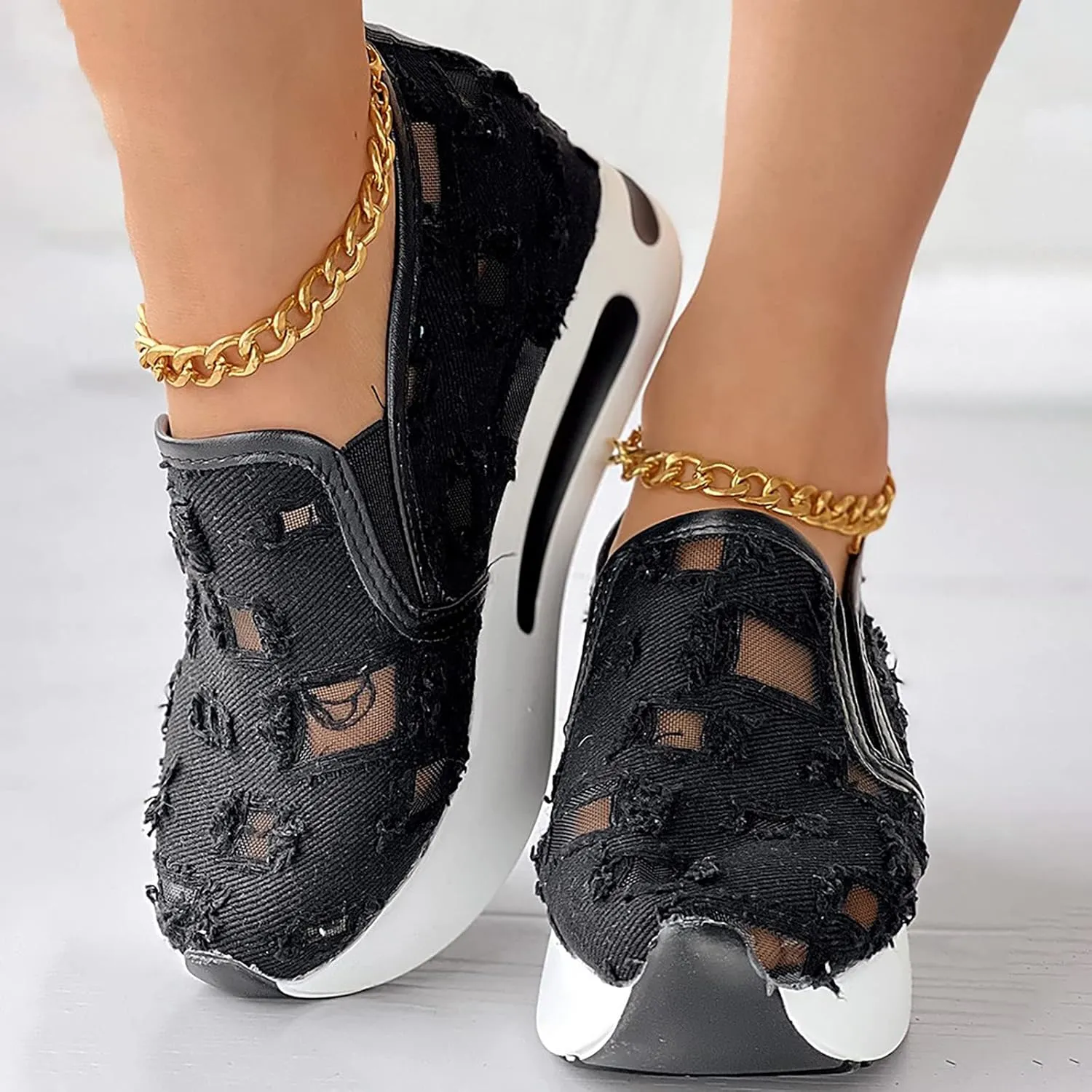 Wedge Floral Shoes Mesh Fashion Sneakers for Women Slip On Breathable Walking Shoes Women's Casual Embroidery Platform Sneakers Comfort Work Shoes High Heels Outdoor Travel Sports Shoes