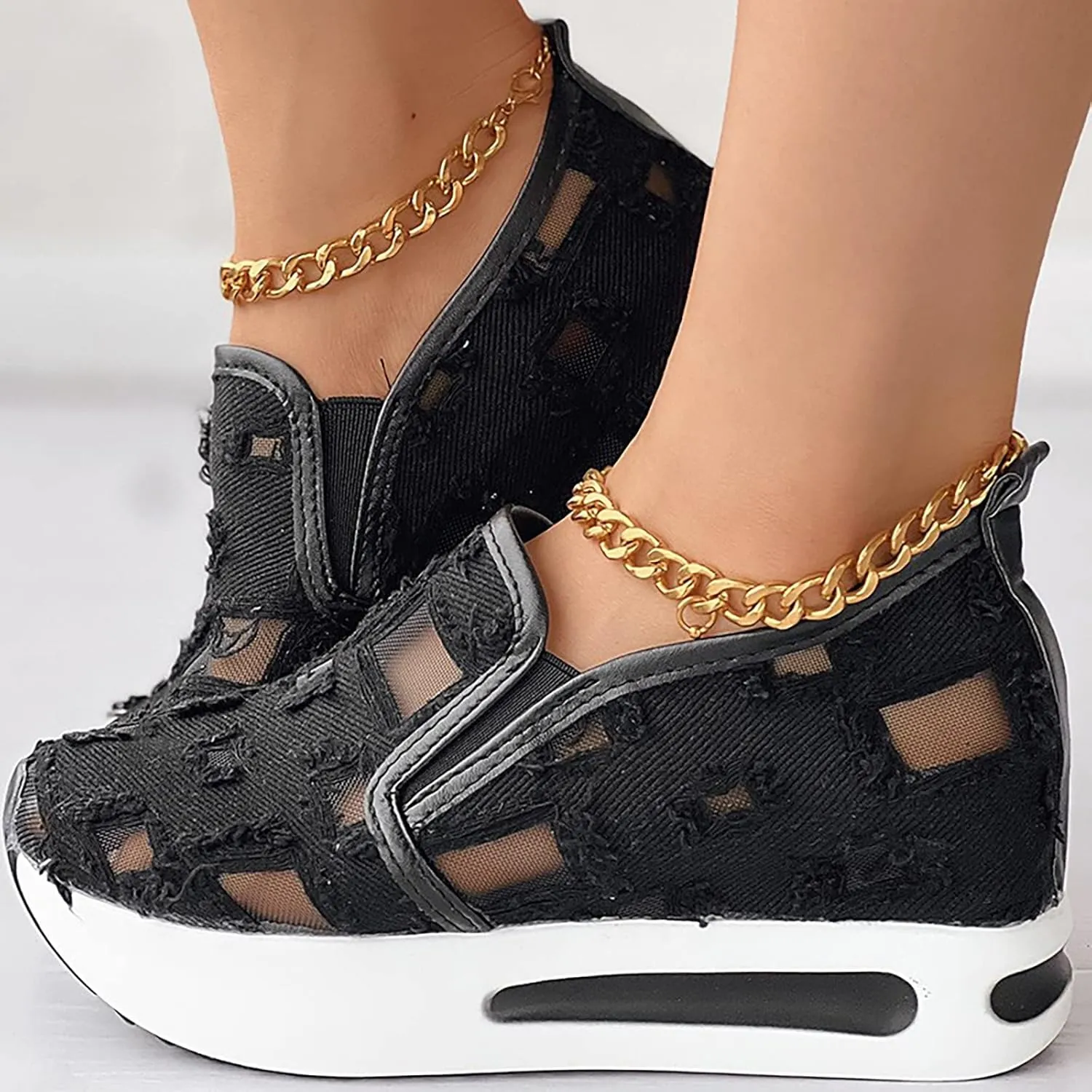 Wedge Floral Shoes Mesh Fashion Sneakers for Women Slip On Breathable Walking Shoes Women's Casual Embroidery Platform Sneakers Comfort Work Shoes High Heels Outdoor Travel Sports Shoes