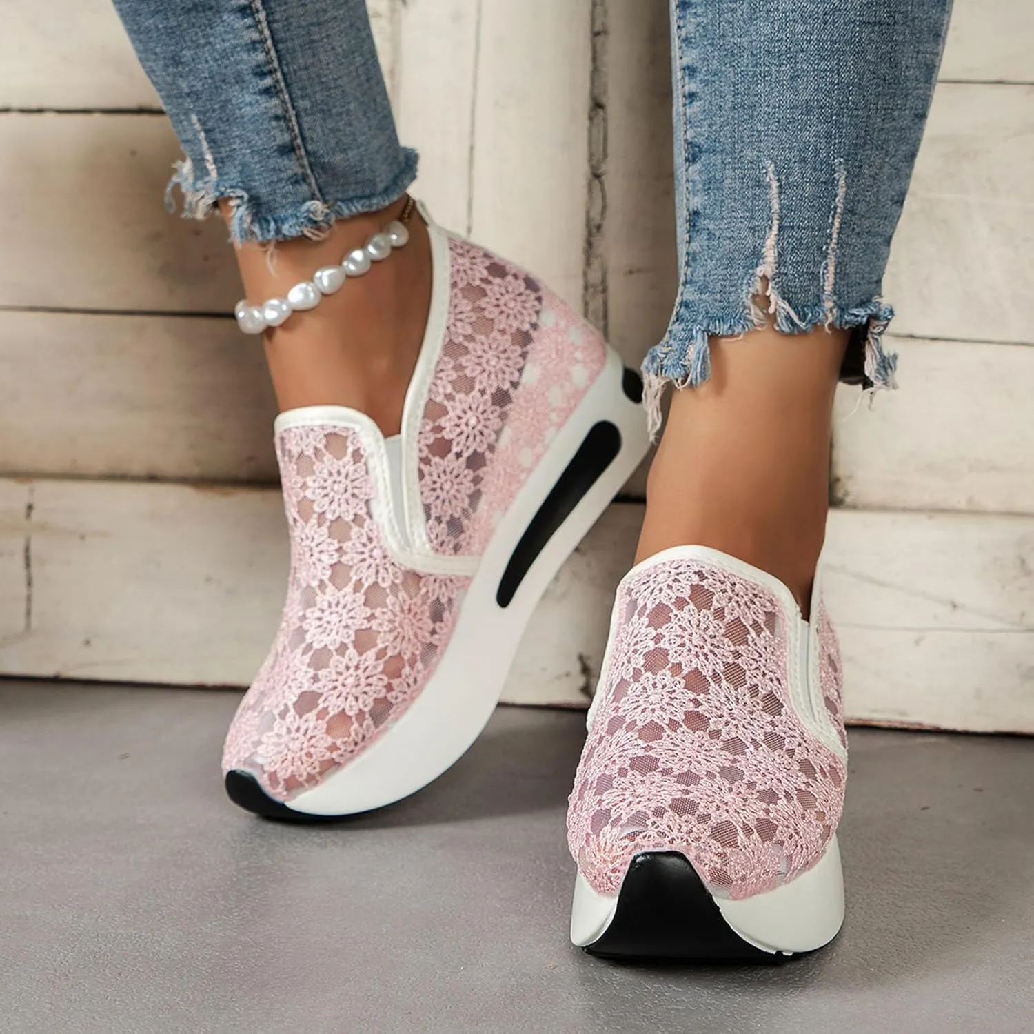 Wedge Floral Shoes Mesh Fashion Sneakers for Women Slip On Breathable Walking Shoes Women's Casual Embroidery Platform Sneakers Comfort Work Shoes High Heels Outdoor Travel Sports Shoes