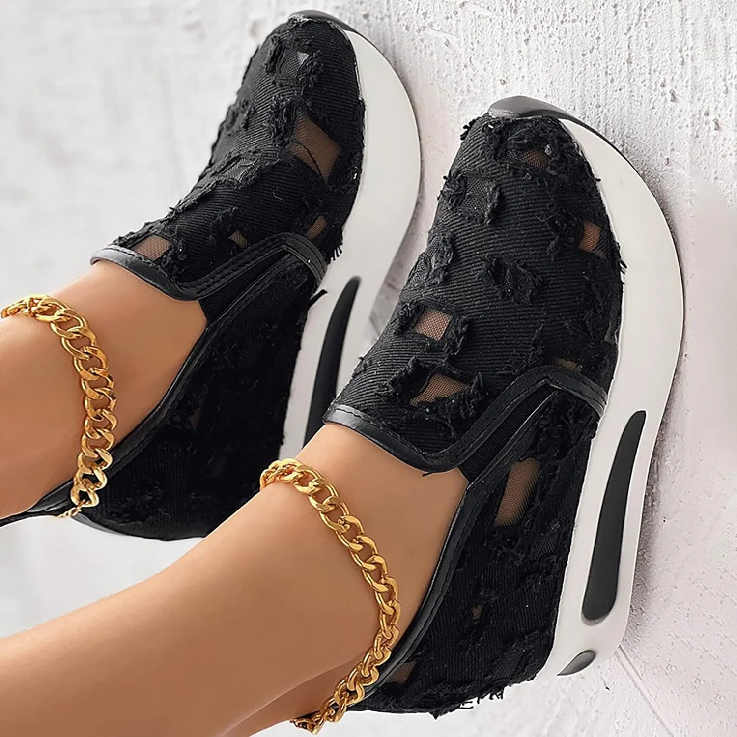 Wedge Floral Shoes Mesh Fashion Sneakers for Women Slip On Breathable Walking Shoes Women's Casual Embroidery Platform Sneakers Comfort Work Shoes High Heels Outdoor Travel Sports Shoes