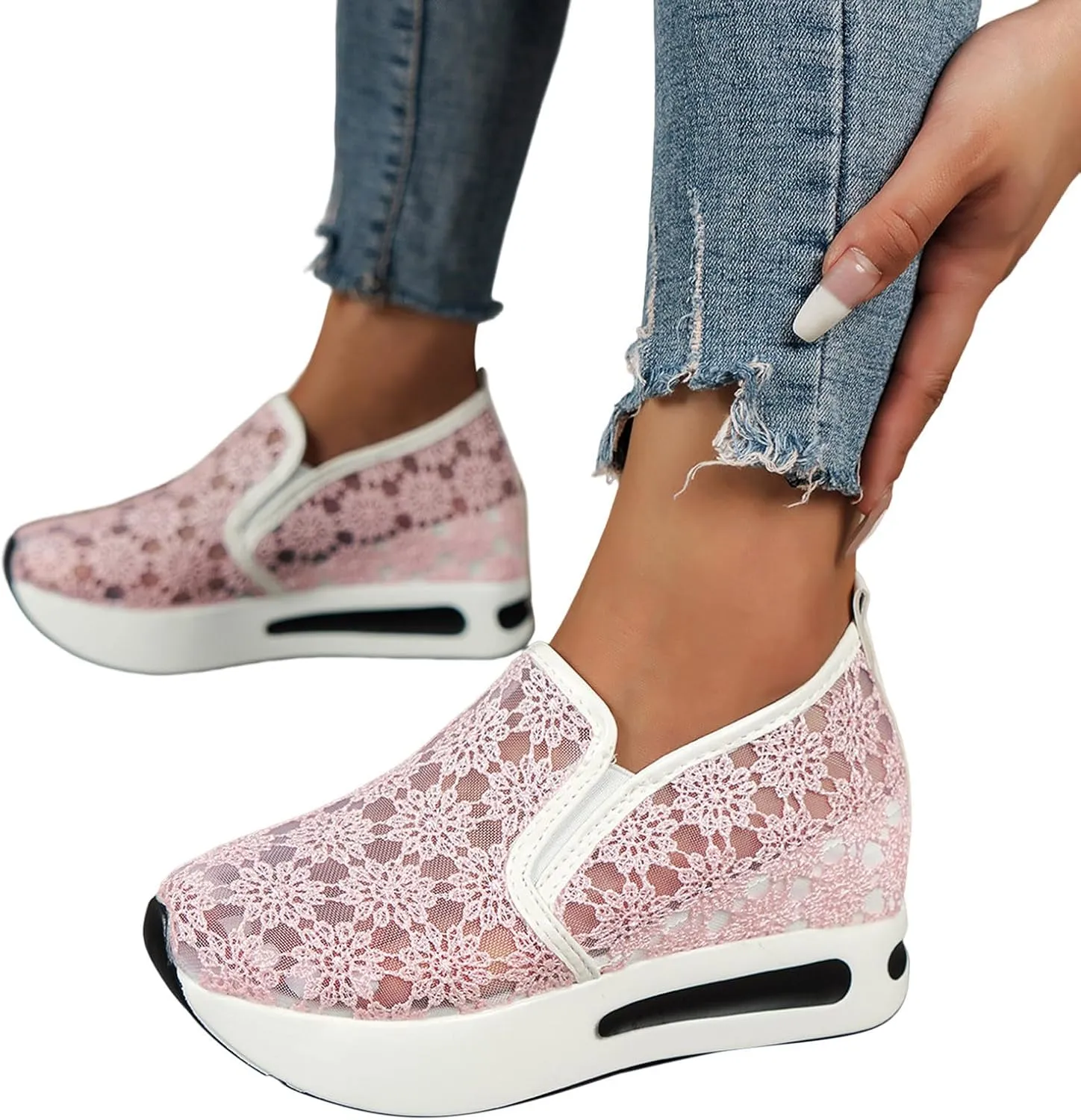 Wedge Floral Shoes Mesh Fashion Sneakers for Women Slip On Breathable Walking Shoes Women's Casual Embroidery Platform Sneakers Comfort Work Shoes High Heels Outdoor Travel Sports Shoes