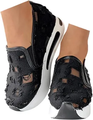 Wedge Floral Shoes Mesh Fashion Sneakers for Women Slip On Breathable Walking Shoes Women's Casual Embroidery Platform Sneakers Comfort Work Shoes High Heels Outdoor Travel Sports Shoes