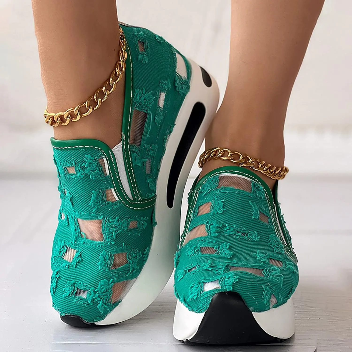 Wedge Floral Shoes Mesh Fashion Sneakers for Women Slip On Breathable Walking Shoes Women's Casual Embroidery Platform Sneakers Comfort Work Shoes High Heels Outdoor Travel Sports Shoes
