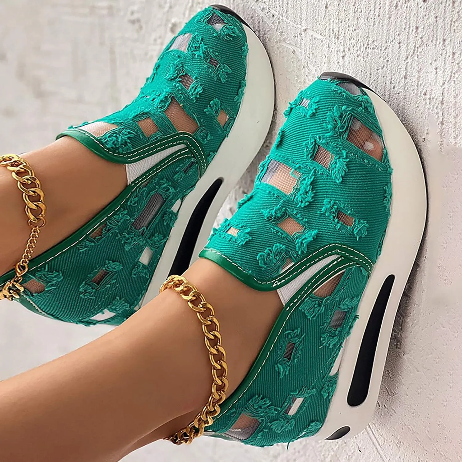 Wedge Floral Shoes Mesh Fashion Sneakers for Women Slip On Breathable Walking Shoes Women's Casual Embroidery Platform Sneakers Comfort Work Shoes High Heels Outdoor Travel Sports Shoes