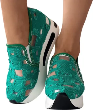Wedge Floral Shoes Mesh Fashion Sneakers for Women Slip On Breathable Walking Shoes Women's Casual Embroidery Platform Sneakers Comfort Work Shoes High Heels Outdoor Travel Sports Shoes
