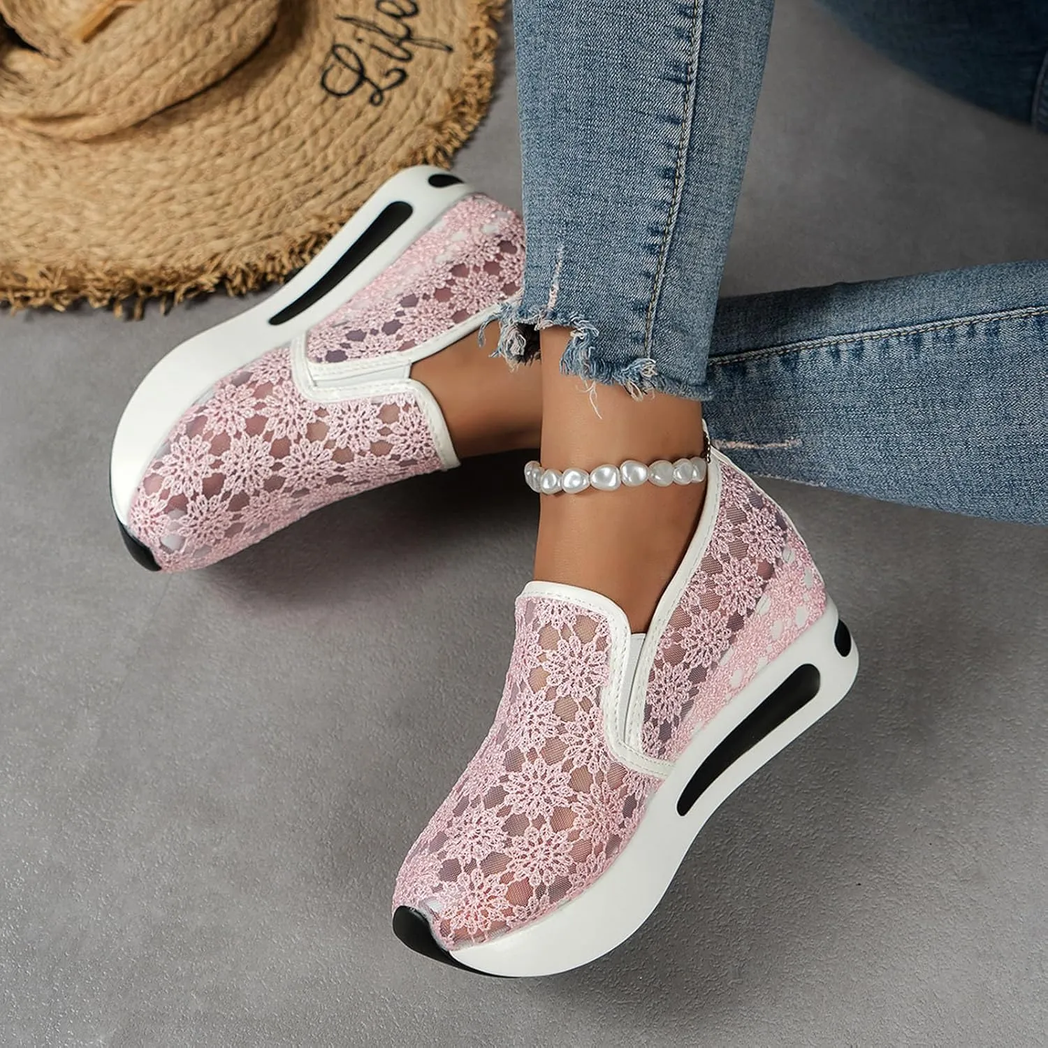 Wedge Floral Shoes Mesh Fashion Sneakers for Women Slip On Breathable Walking Shoes Women's Casual Embroidery Platform Sneakers Comfort Work Shoes High Heels Outdoor Travel Sports Shoes