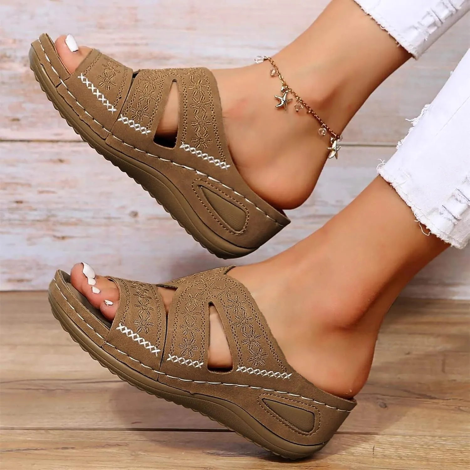 Wedge Sandals For Women 2025,Comfy Slip On Summer Low Wedges Heel Womens Sandal Ladies Plantar Fasciitis Recovery Mules Open Toe X-Strap Casual Shoes for Daily Wear Outdoor Indoor