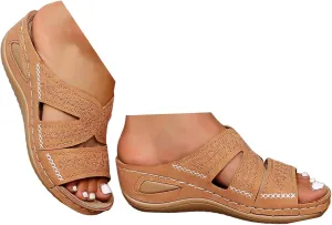 Wedge Sandals For Women 2025,Comfy Slip On Summer Low Wedges Heel Womens Sandal Ladies Plantar Fasciitis Recovery Mules Open Toe X-Strap Casual Shoes for Daily Wear Outdoor Indoor