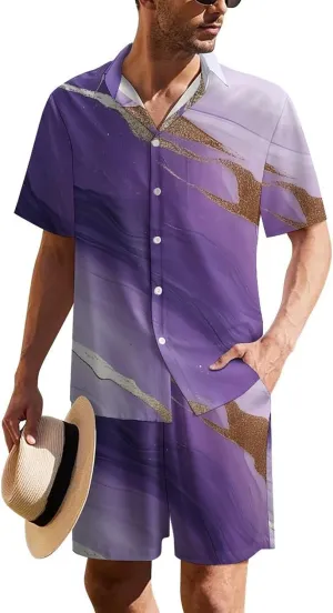 White And Purple Gradient MarbleMen's Two-piece Casual Short-sleeved Shirt Summer Loose Vacation Suit