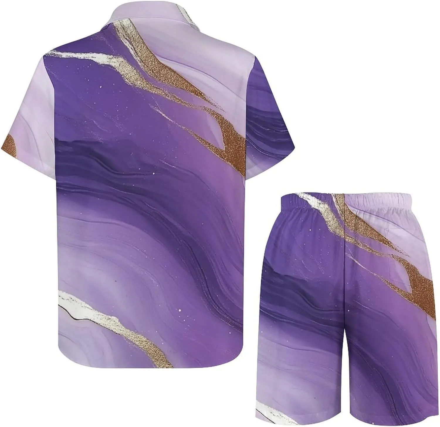 White And Purple Gradient MarbleMen's Two-piece Casual Short-sleeved Shirt Summer Loose Vacation Suit