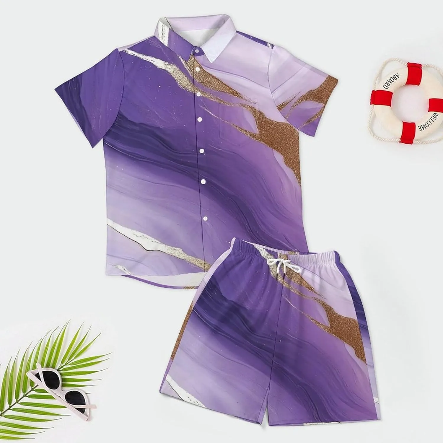 White And Purple Gradient MarbleMen's Two-piece Casual Short-sleeved Shirt Summer Loose Vacation Suit