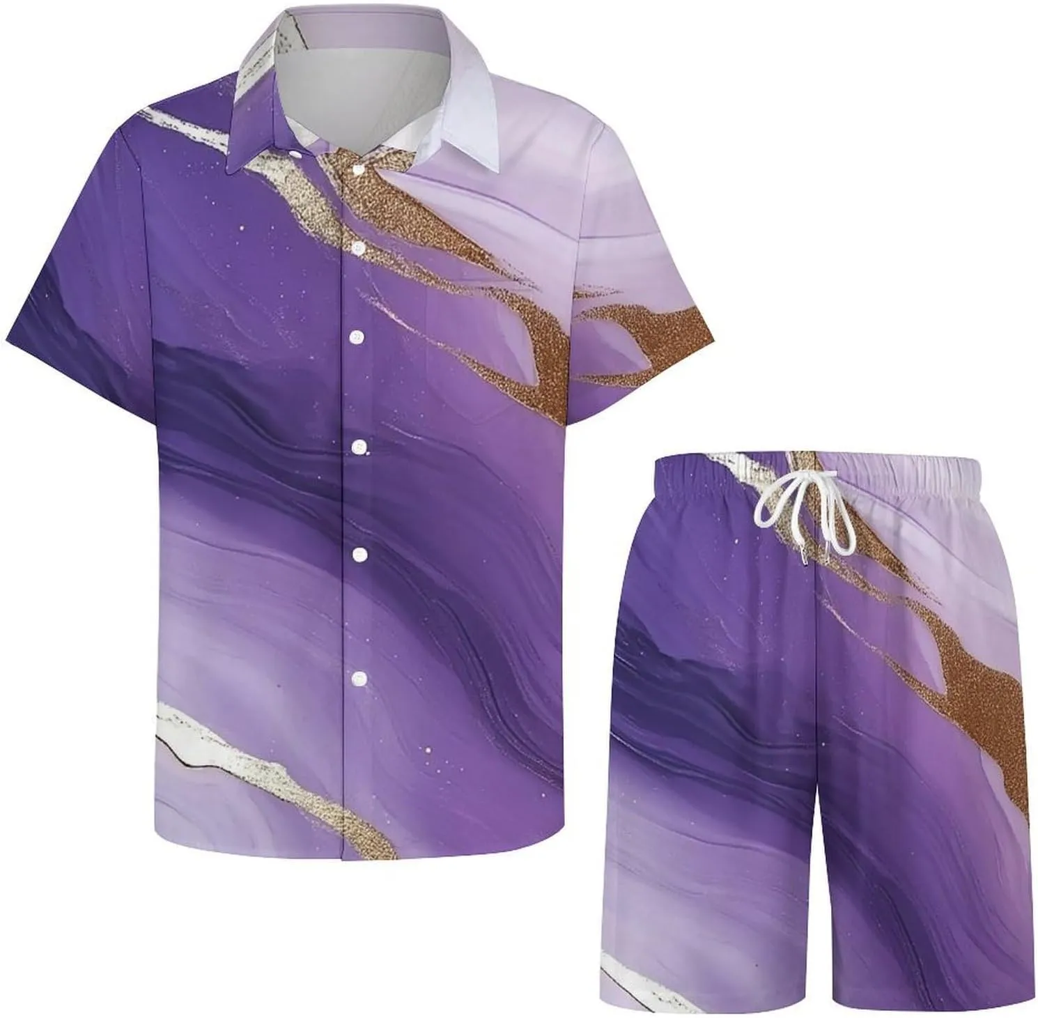 White And Purple Gradient MarbleMen's Two-piece Casual Short-sleeved Shirt Summer Loose Vacation Suit