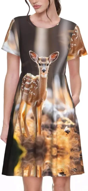Whitetail Deer Fawn in Wilderness Stag Print Stylish Summer for Women Maxi Dresses,Flowy,Short Sleeve,with Side Pockets