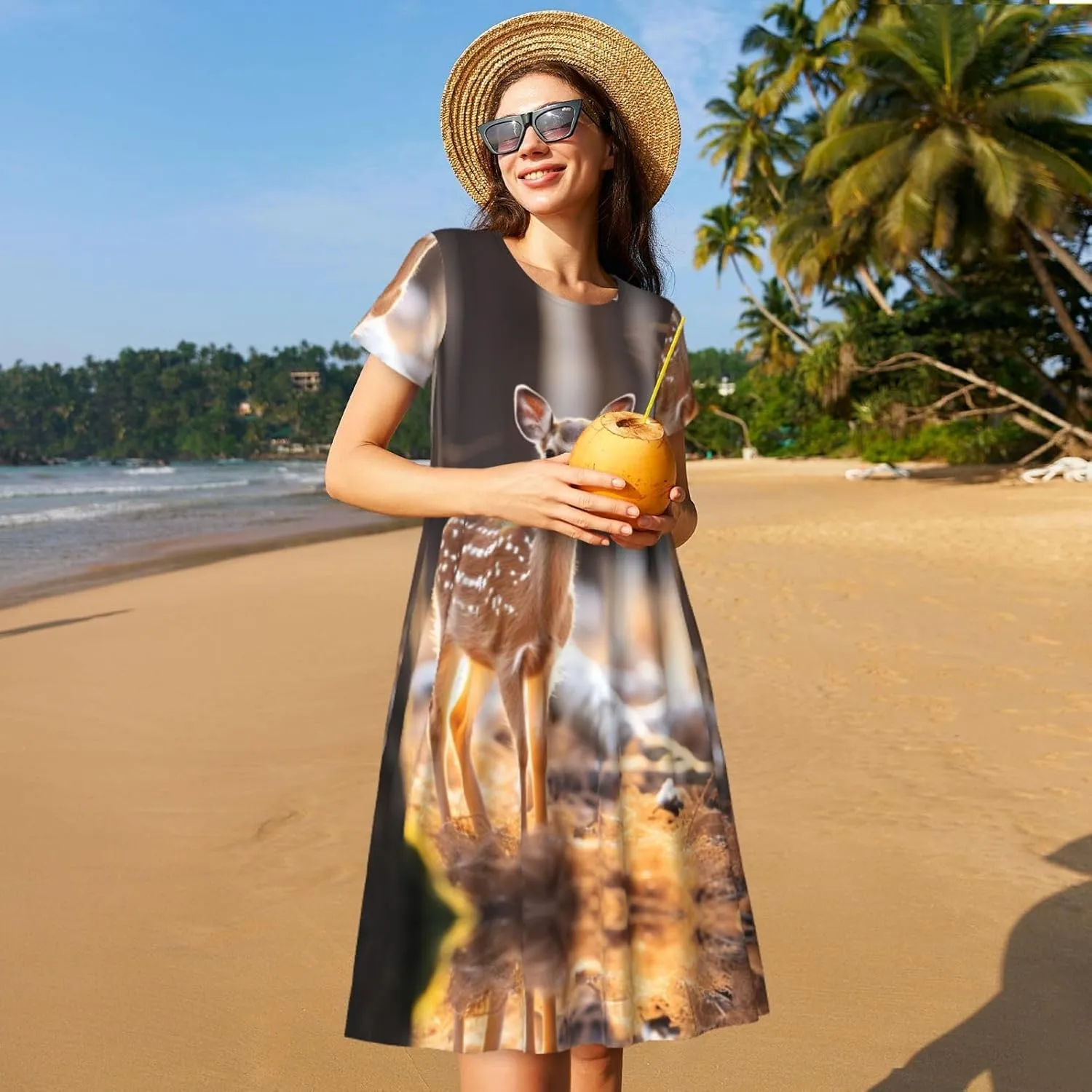 Whitetail Deer Fawn in Wilderness Stag Print Stylish Summer for Women Maxi Dresses,Flowy,Short Sleeve,with Side Pockets
