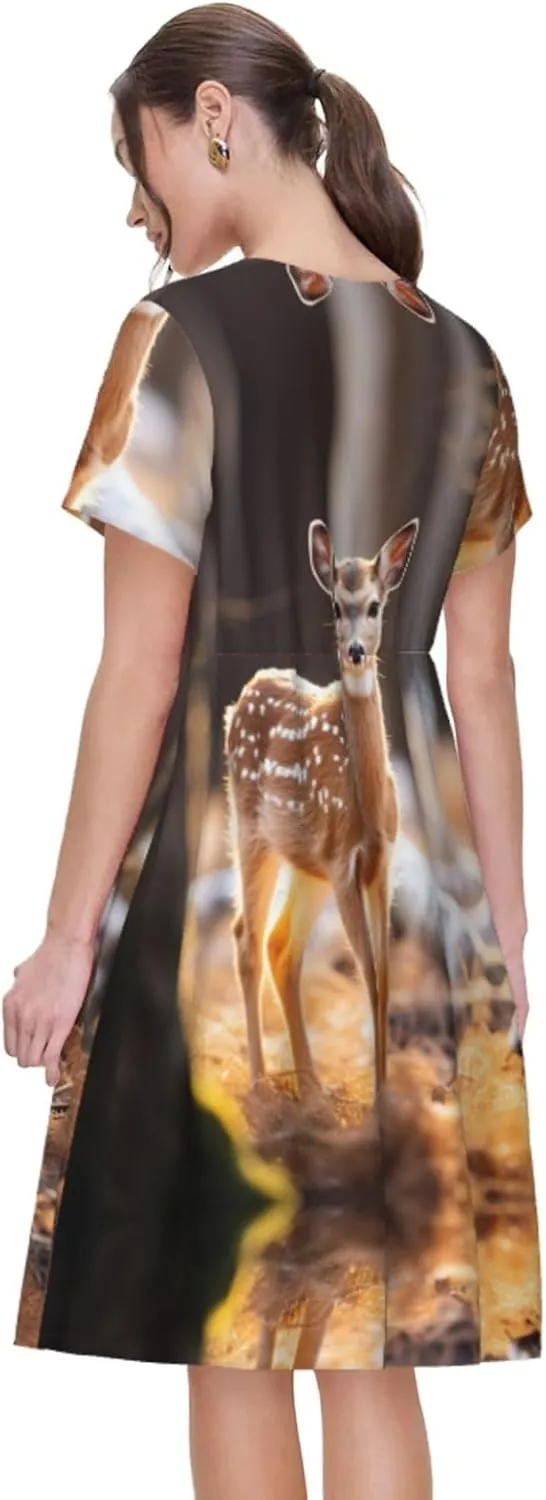 Whitetail Deer Fawn in Wilderness Stag Print Stylish Summer for Women Maxi Dresses,Flowy,Short Sleeve,with Side Pockets