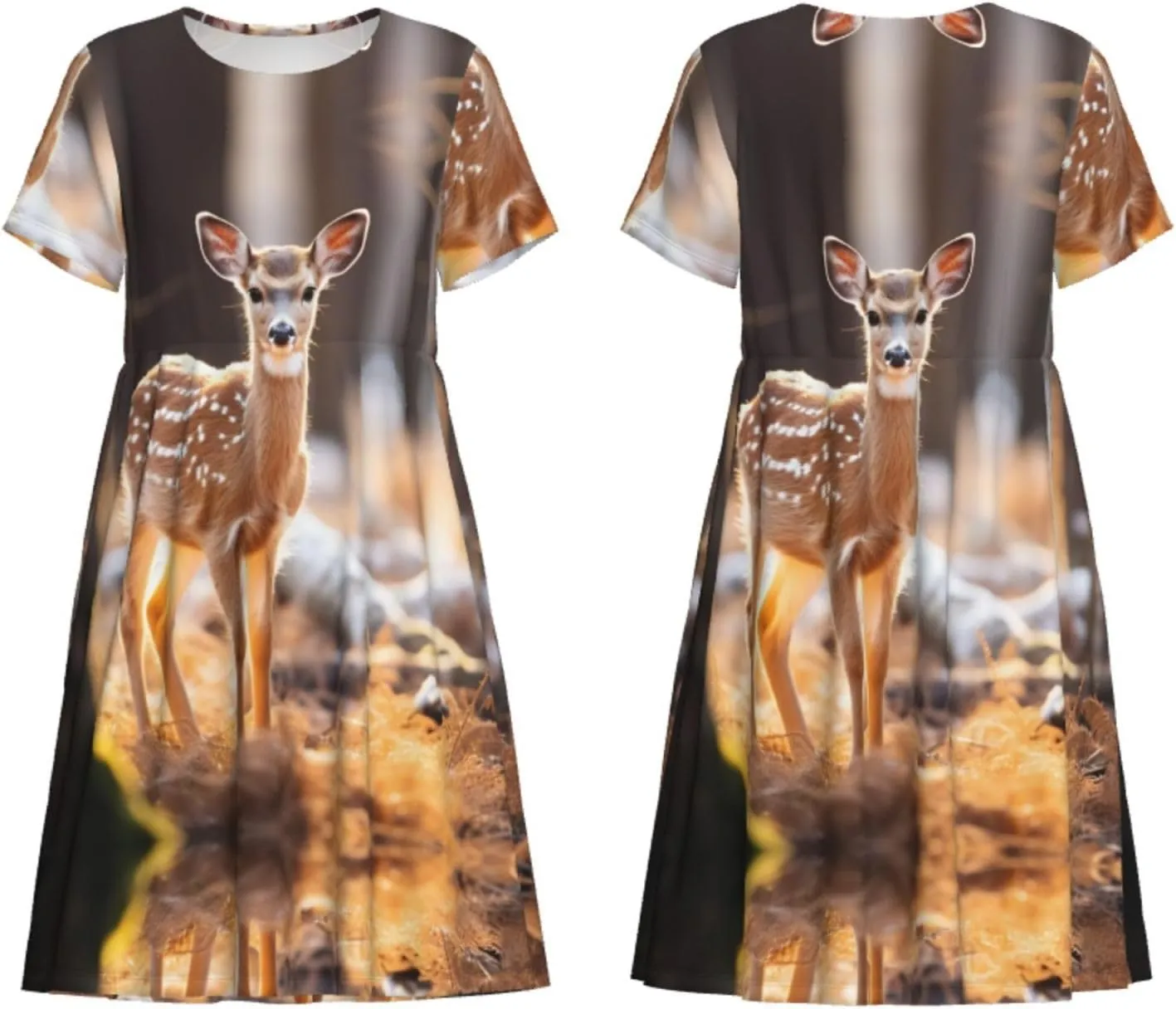 Whitetail Deer Fawn in Wilderness Stag Print Stylish Summer for Women Maxi Dresses,Flowy,Short Sleeve,with Side Pockets
