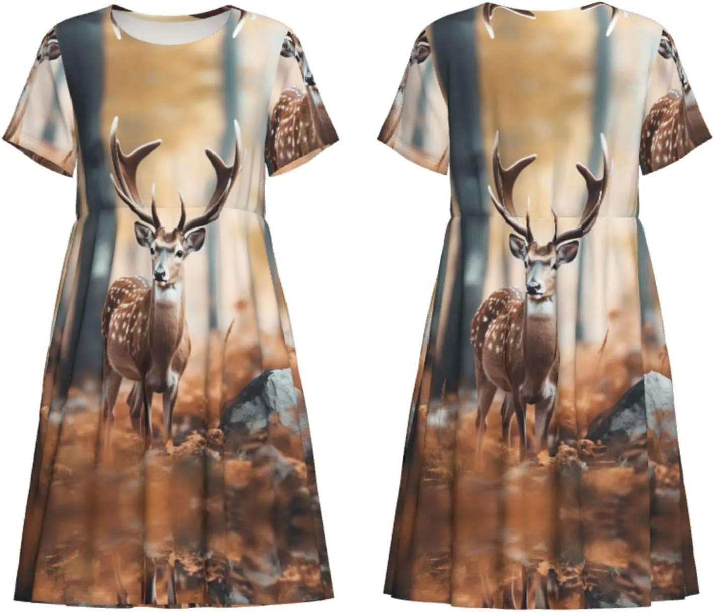 Whitetail Deer Fawn in Wilderness Stag1 Print Stylish Summer for Women Maxi Dresses,Flowy,Short Sleeve,with Side Pockets