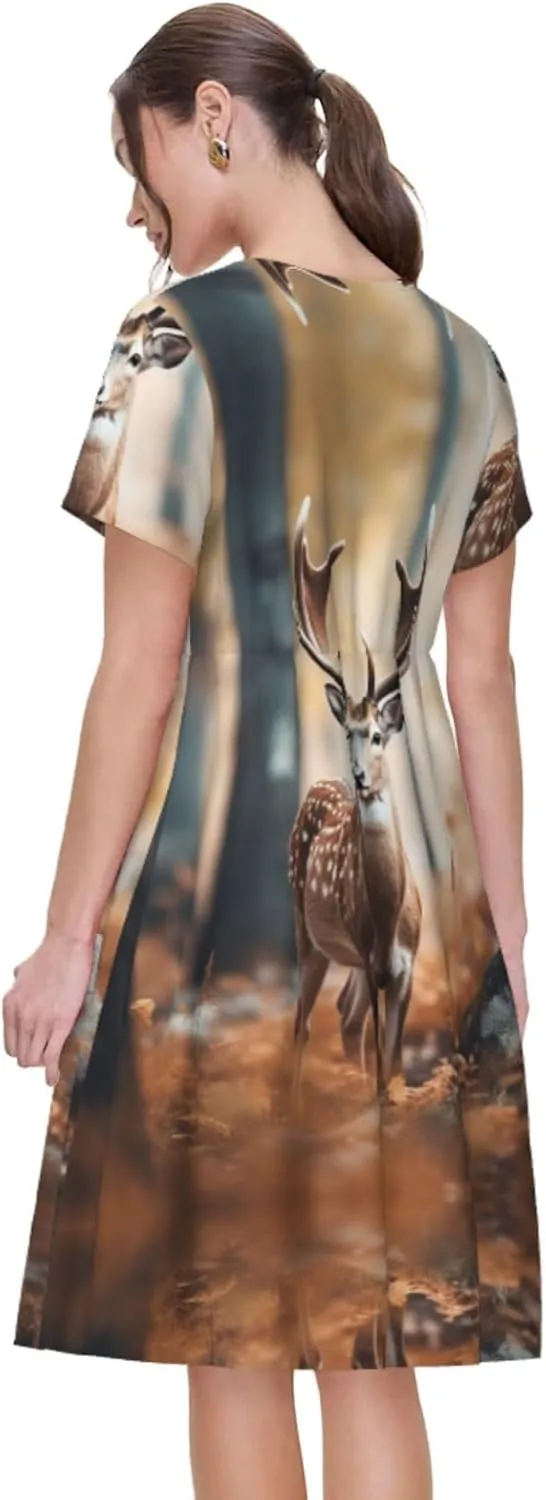 Whitetail Deer Fawn in Wilderness Stag1 Print Stylish Summer for Women Maxi Dresses,Flowy,Short Sleeve,with Side Pockets