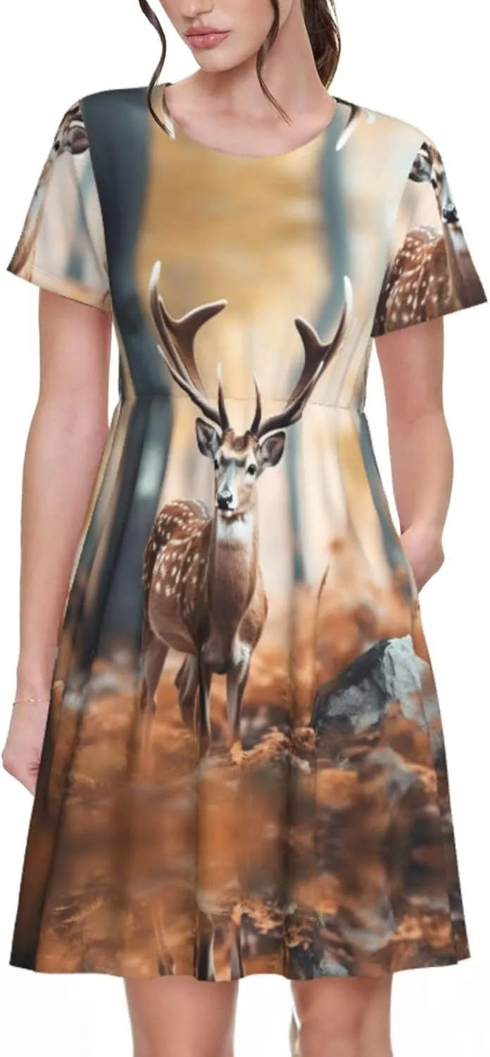 Whitetail Deer Fawn in Wilderness Stag1 Print Stylish Summer for Women Maxi Dresses,Flowy,Short Sleeve,with Side Pockets
