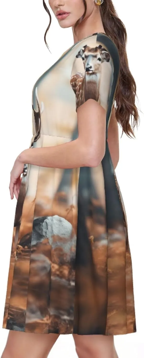 Whitetail Deer Fawn in Wilderness Stag1 Print Stylish Summer for Women Maxi Dresses,Flowy,Short Sleeve,with Side Pockets