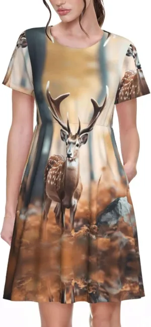 Whitetail Deer Fawn in Wilderness Stag1 Print Stylish Summer for Women Maxi Dresses,Flowy,Short Sleeve,with Side Pockets