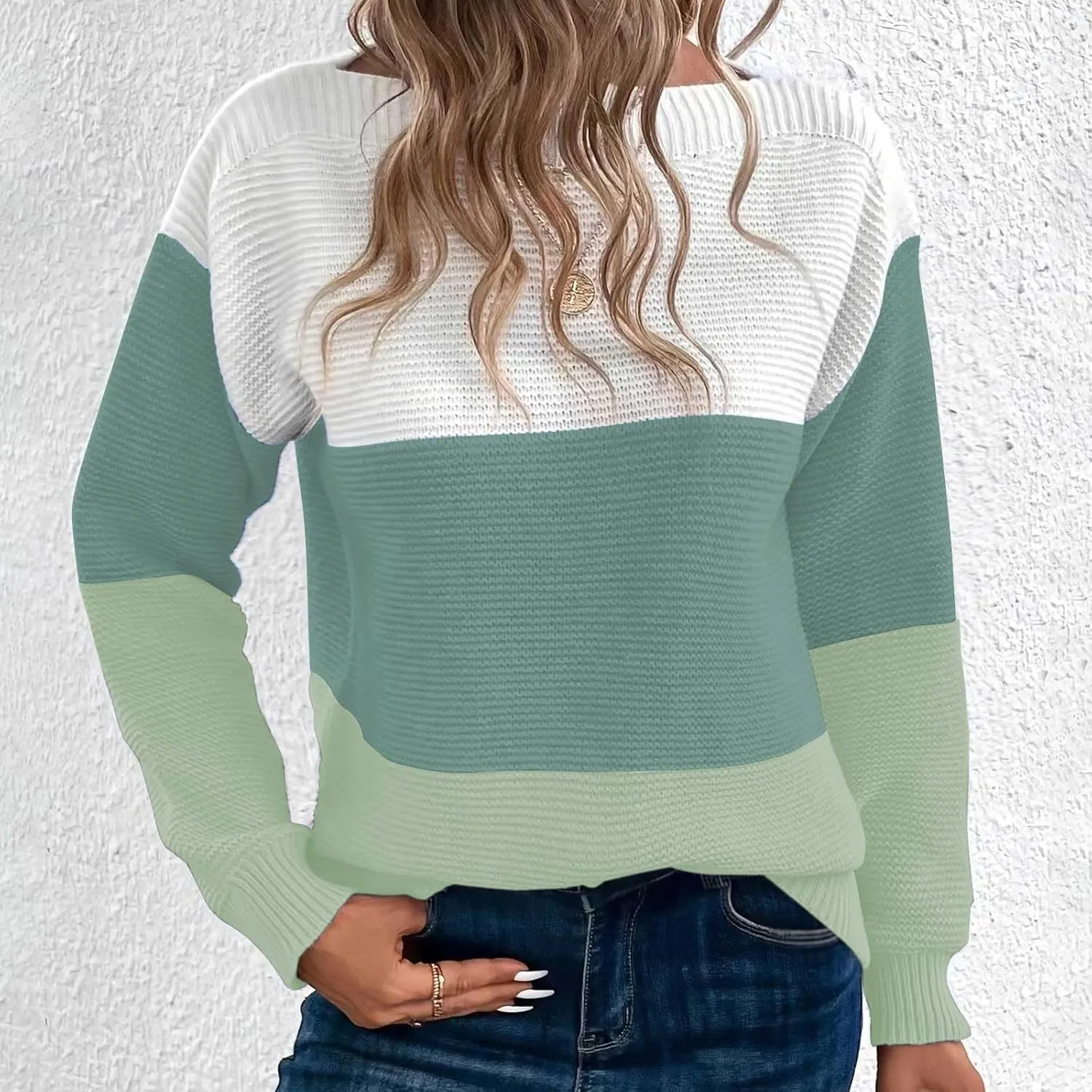 Winter Sweaters for Women 2024 Casual Loose Color Block Pullover Sweater Long Sleeve Boat Neck Knit Jumper Tops