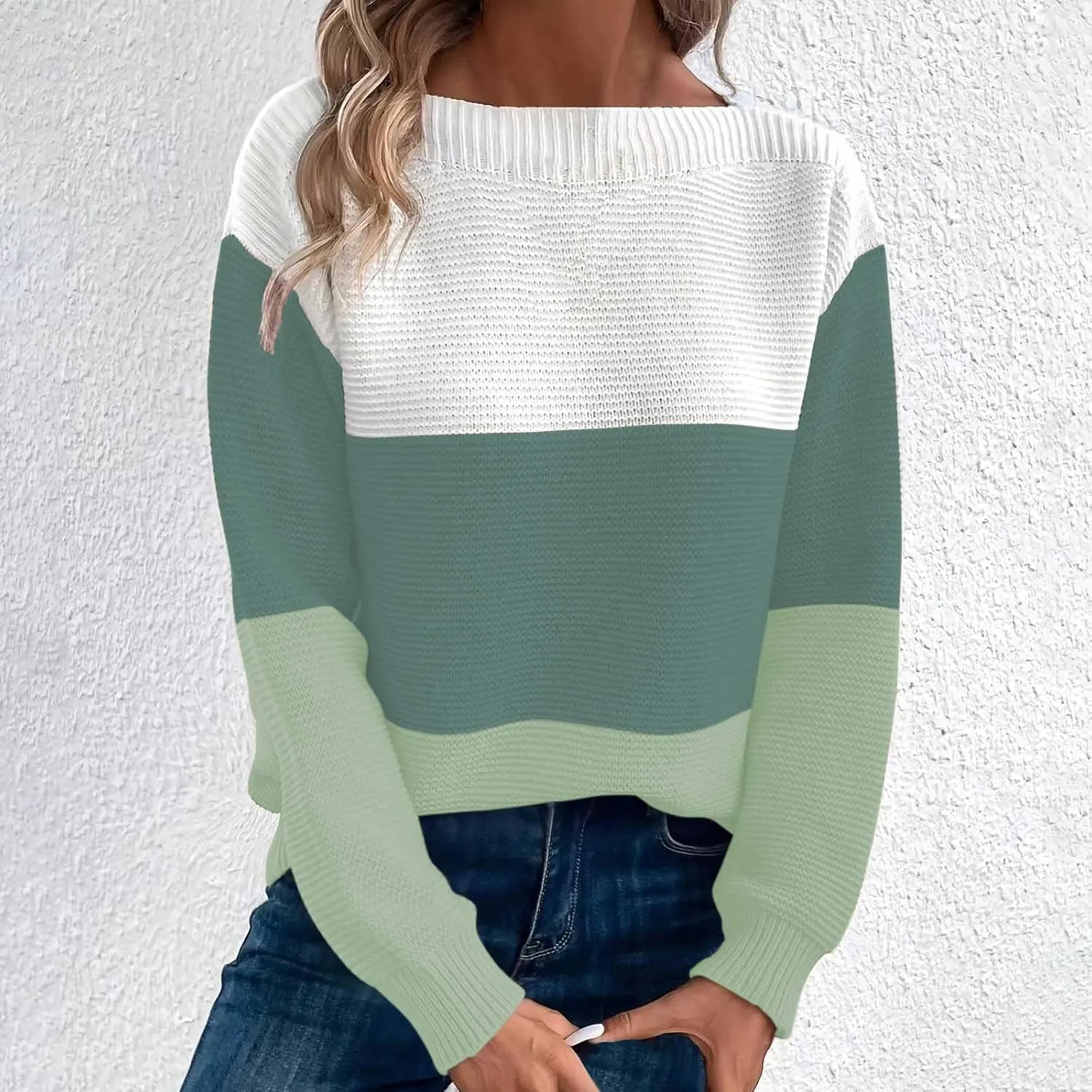 Winter Sweaters for Women 2024 Casual Loose Color Block Pullover Sweater Long Sleeve Boat Neck Knit Jumper Tops