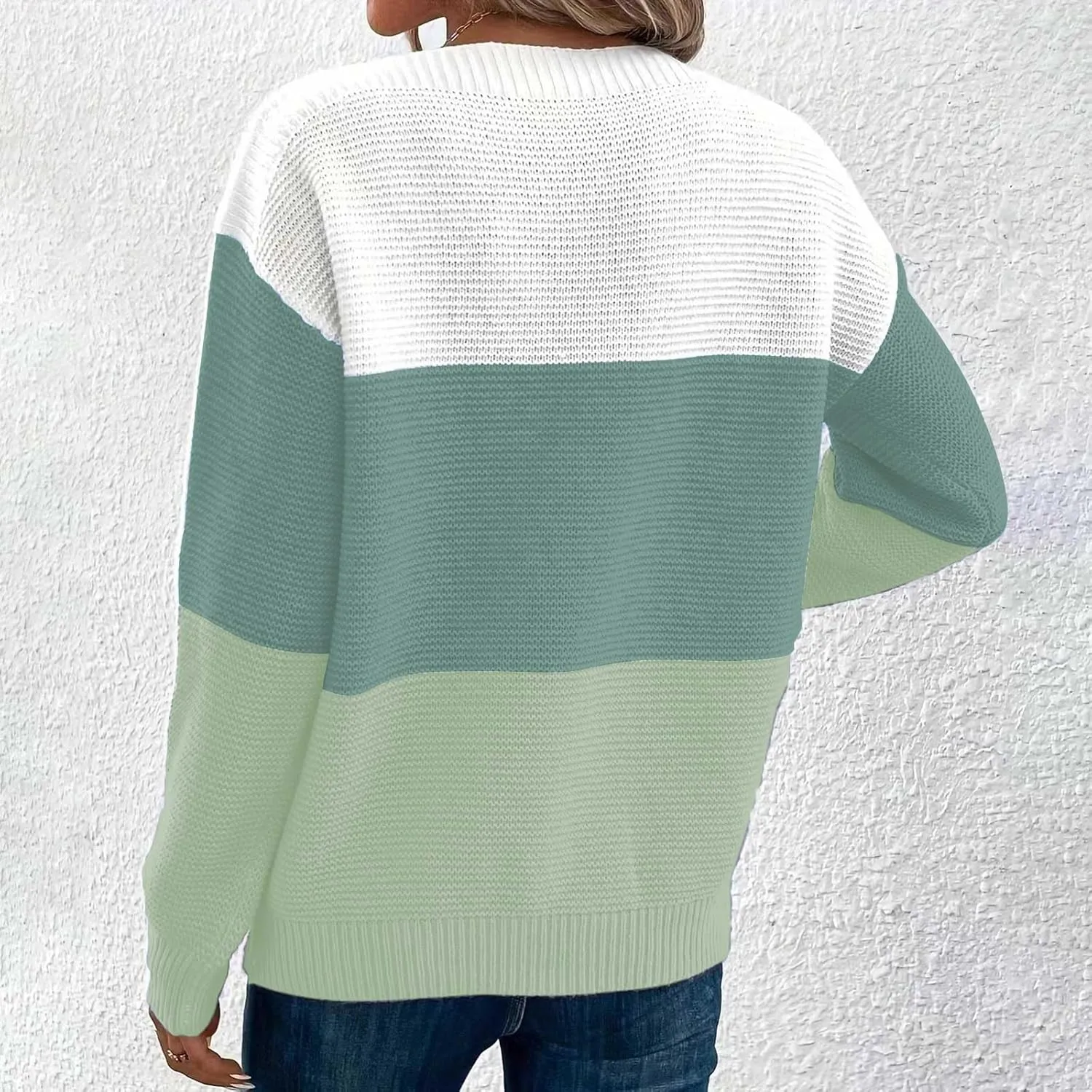 Winter Sweaters for Women 2024 Casual Loose Color Block Pullover Sweater Long Sleeve Boat Neck Knit Jumper Tops