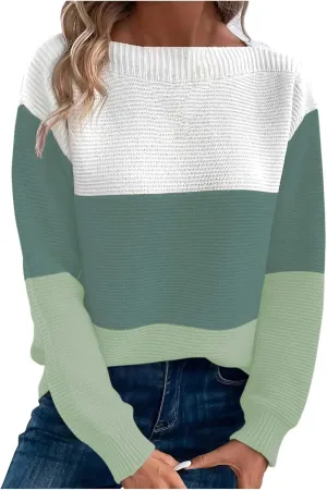 Winter Sweaters for Women 2024 Casual Loose Color Block Pullover Sweater Long Sleeve Boat Neck Knit Jumper Tops