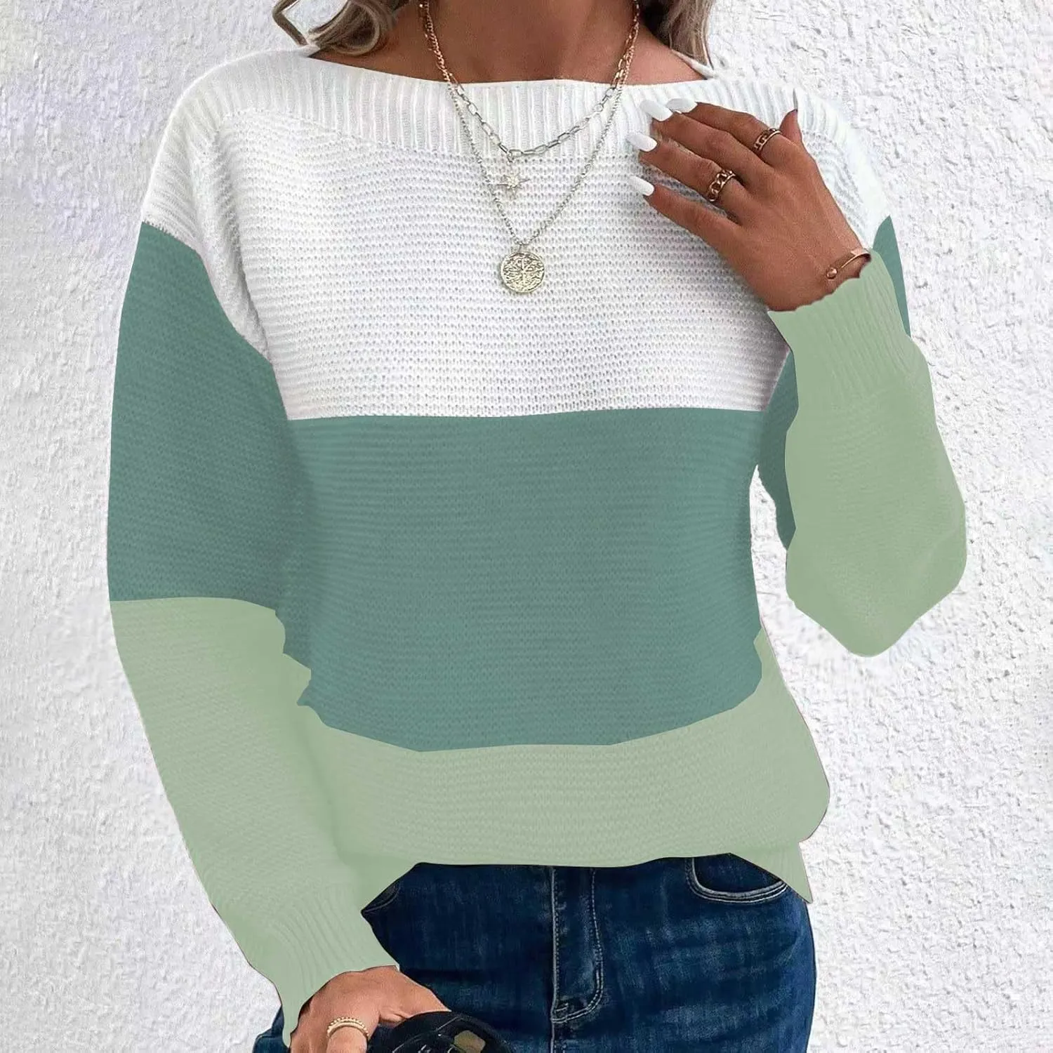 Winter Sweaters for Women 2024 Casual Loose Color Block Pullover Sweater Long Sleeve Boat Neck Knit Jumper Tops