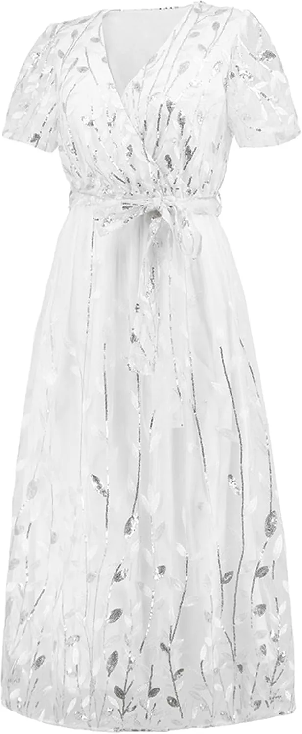 Woman Midi Dress V Neck Short Sleeve Tie Waist Tiered Lace Embroidered Wedding Guest Dresses Cocktail Evening Clothes