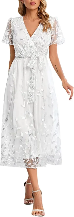 Woman Midi Dress V Neck Short Sleeve Tie Waist Tiered Lace Embroidered Wedding Guest Dresses Cocktail Evening Clothes