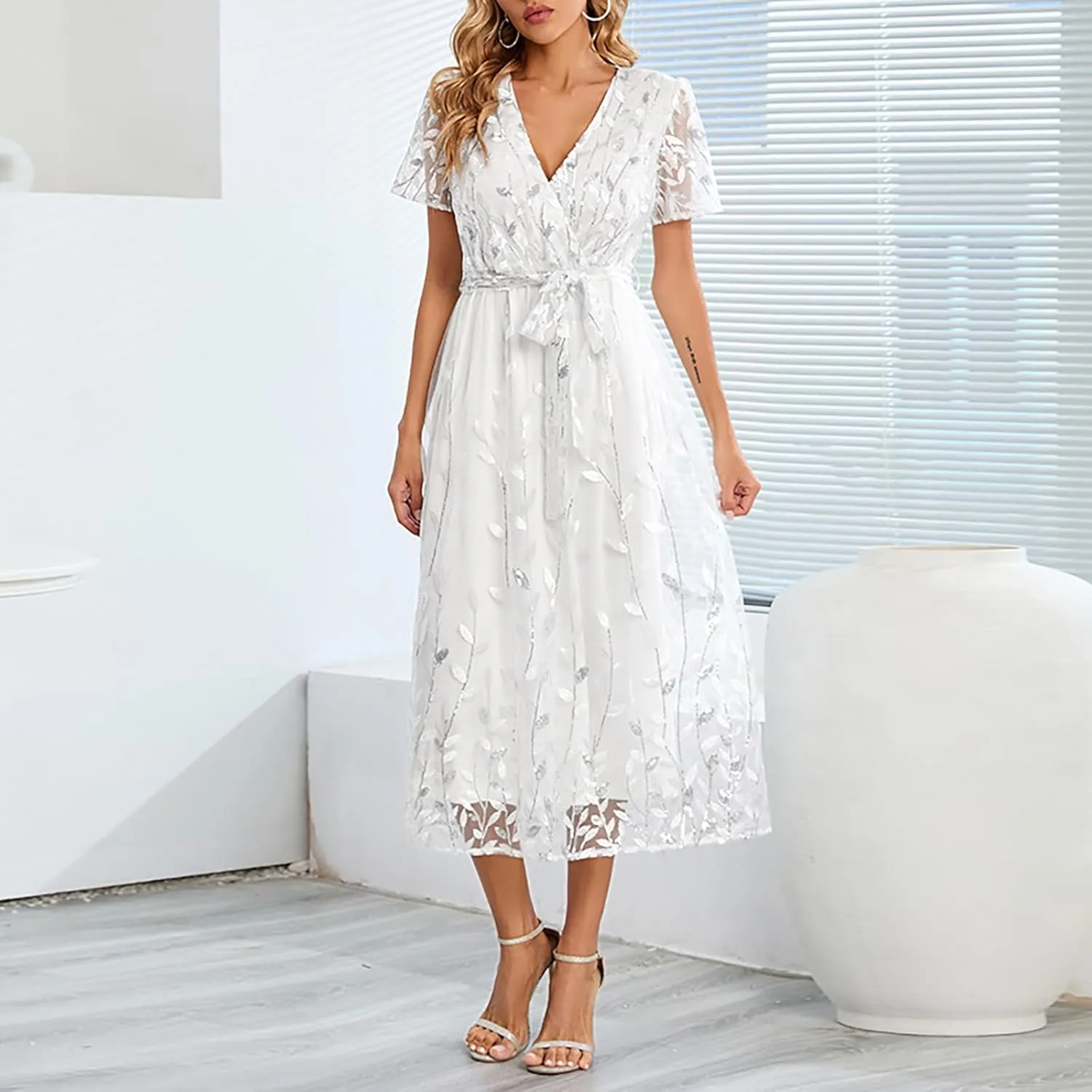 Woman Midi Dress V Neck Short Sleeve Tie Waist Tiered Lace Embroidered Wedding Guest Dresses Cocktail Evening Clothes