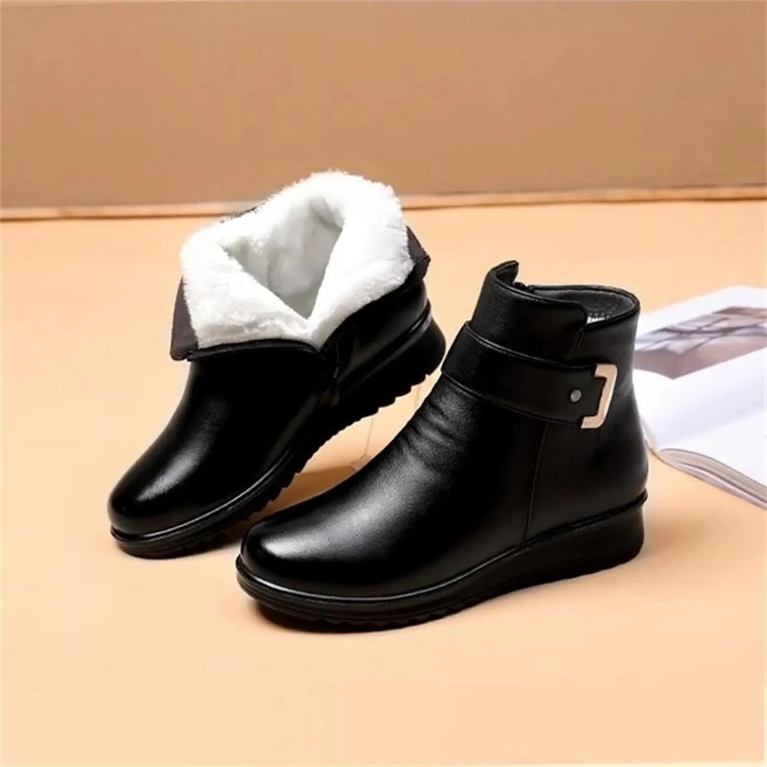 Women Ankle Boots Women Booties Ankle Womans Booties Low Cut Boots for Women Black Leather Ankle Boots for Women Chunky Heel Booties To Wear with Dresses Narrow Ankle