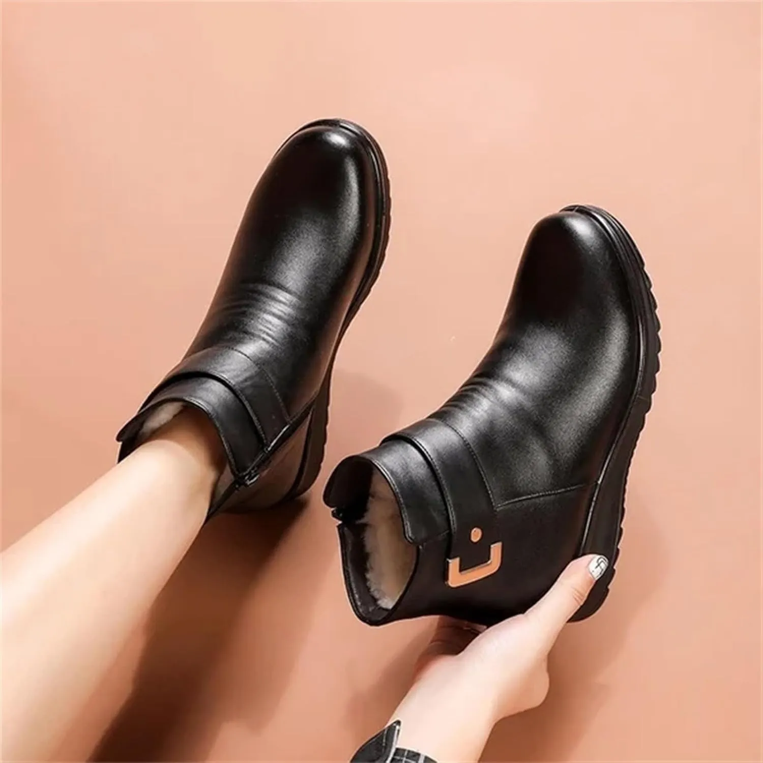 Women Ankle Boots Women Booties Ankle Womans Booties Low Cut Boots for Women Black Leather Ankle Boots for Women Chunky Heel Booties To Wear with Dresses Narrow Ankle