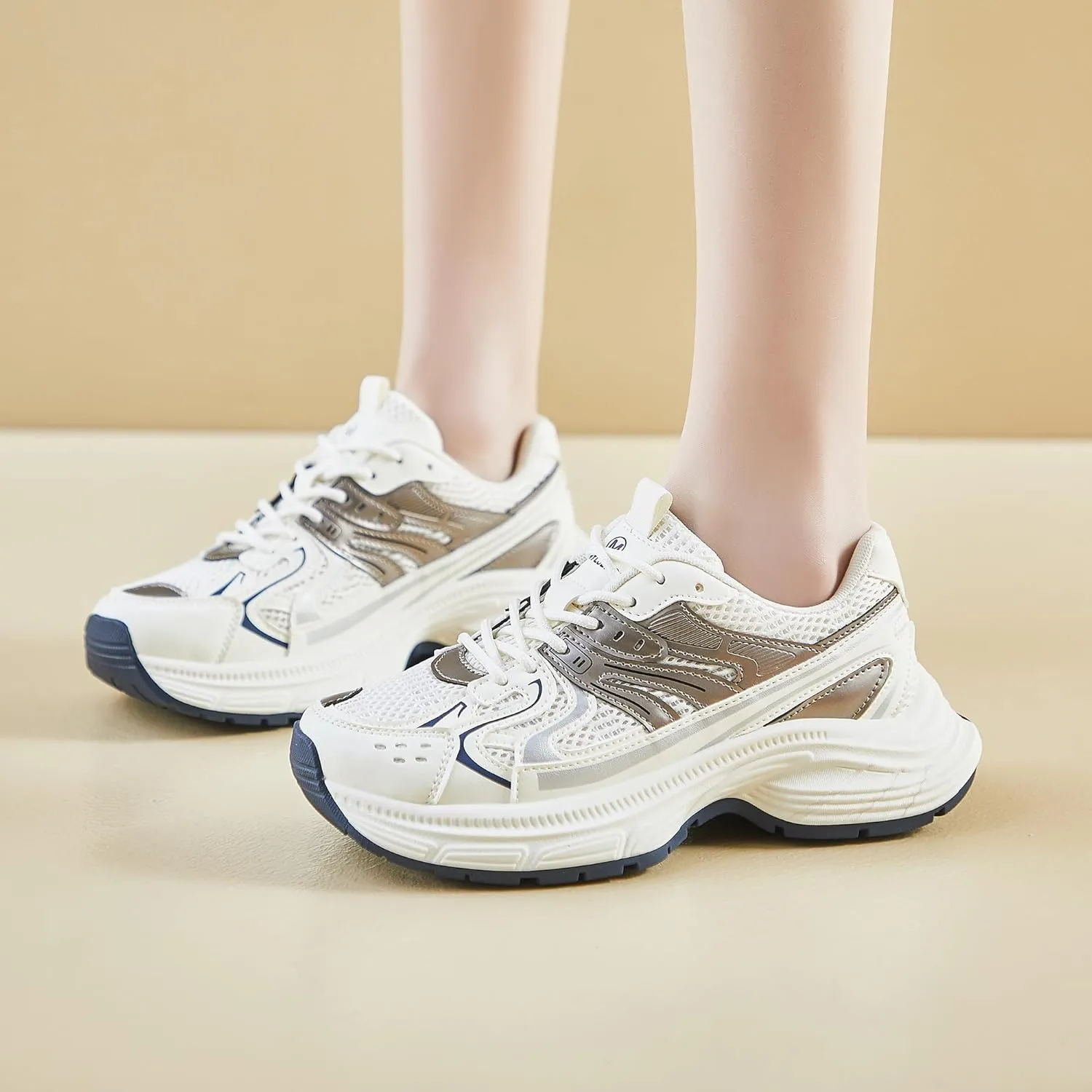 Women Breathable Mesh Chunky Sneakers Trendy Lace-up Casual Shoes Everyday Gym Walking Shoes