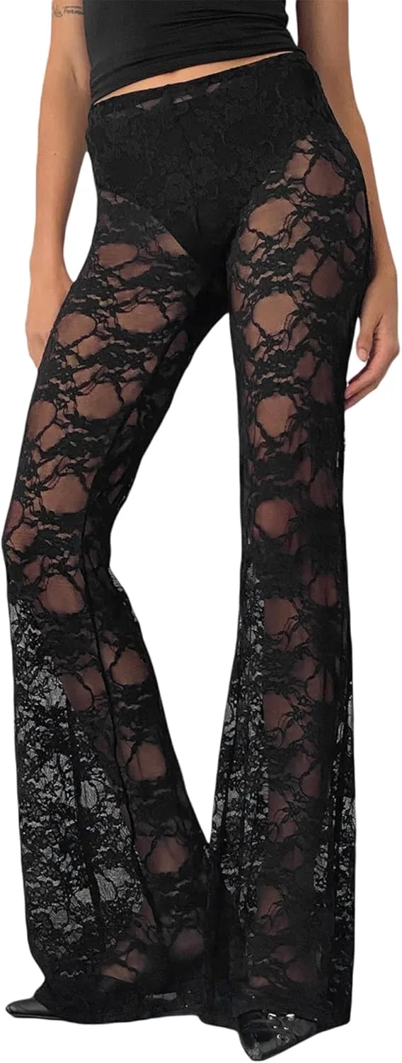 Women Lace Floral Pant Sexy See Through Flare Bell Bottom Hollow Out Trousers Mesh Leggings Cover Up Beach Pants