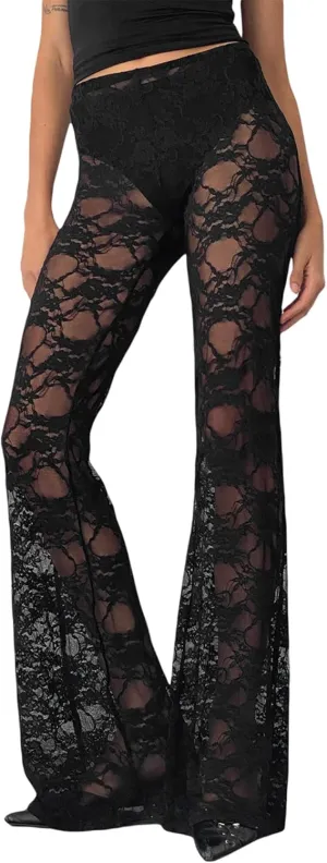 Women Lace Floral Pant Sexy See Through Flare Bell Bottom Hollow Out Trousers Mesh Leggings Cover Up Beach Pants