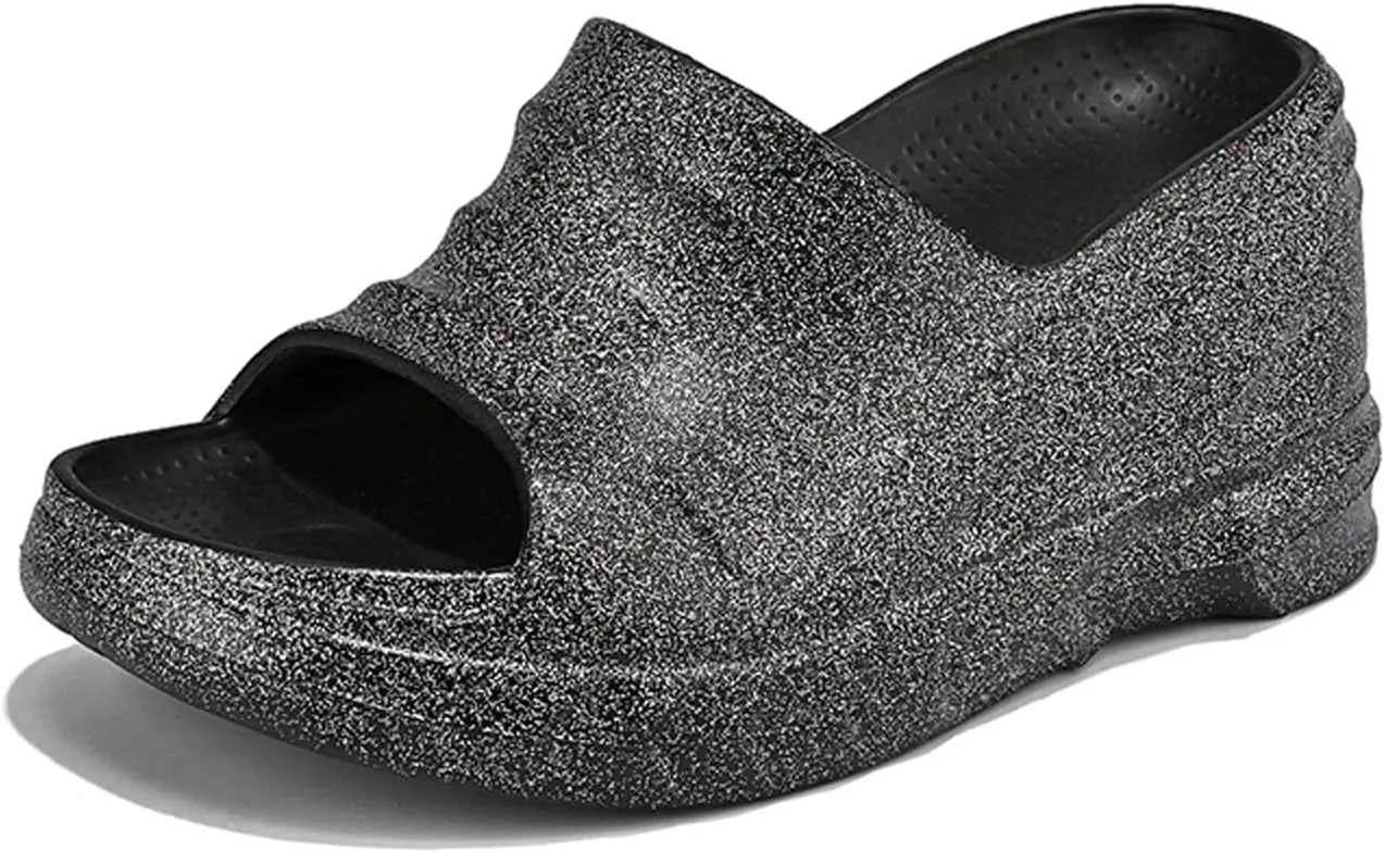 Women Platform Clogs Slip On Thick Soled Garden Clogs Sandals Summer Beach Open Toe Sandals Sparkle Slippers-Extra 8 cm/3.15 inches