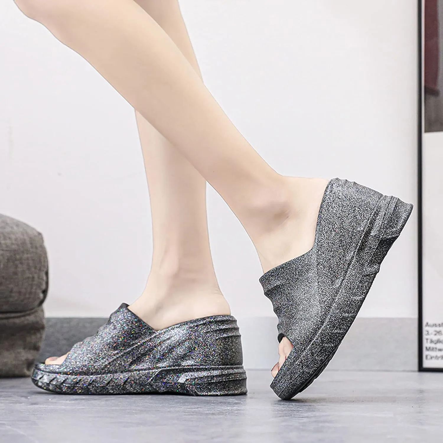 Women Platform Clogs Slip On Thick Soled Garden Clogs Sandals Summer Beach Open Toe Sandals Sparkle Slippers-Extra 8 cm/3.15 inches