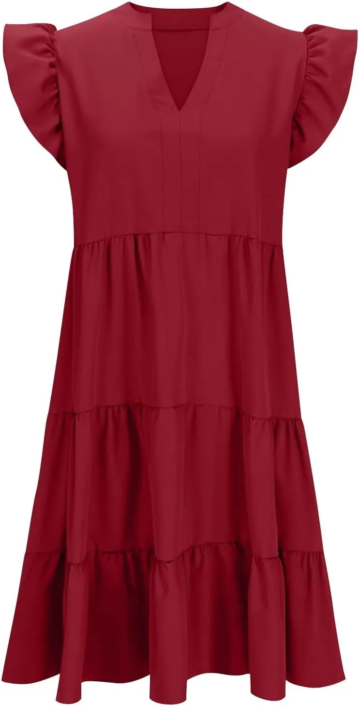 Women Short Sleeve Knee Length Sundress Solid Color A Line Vacation Dresses Casual Trendy Outfit with Pockets