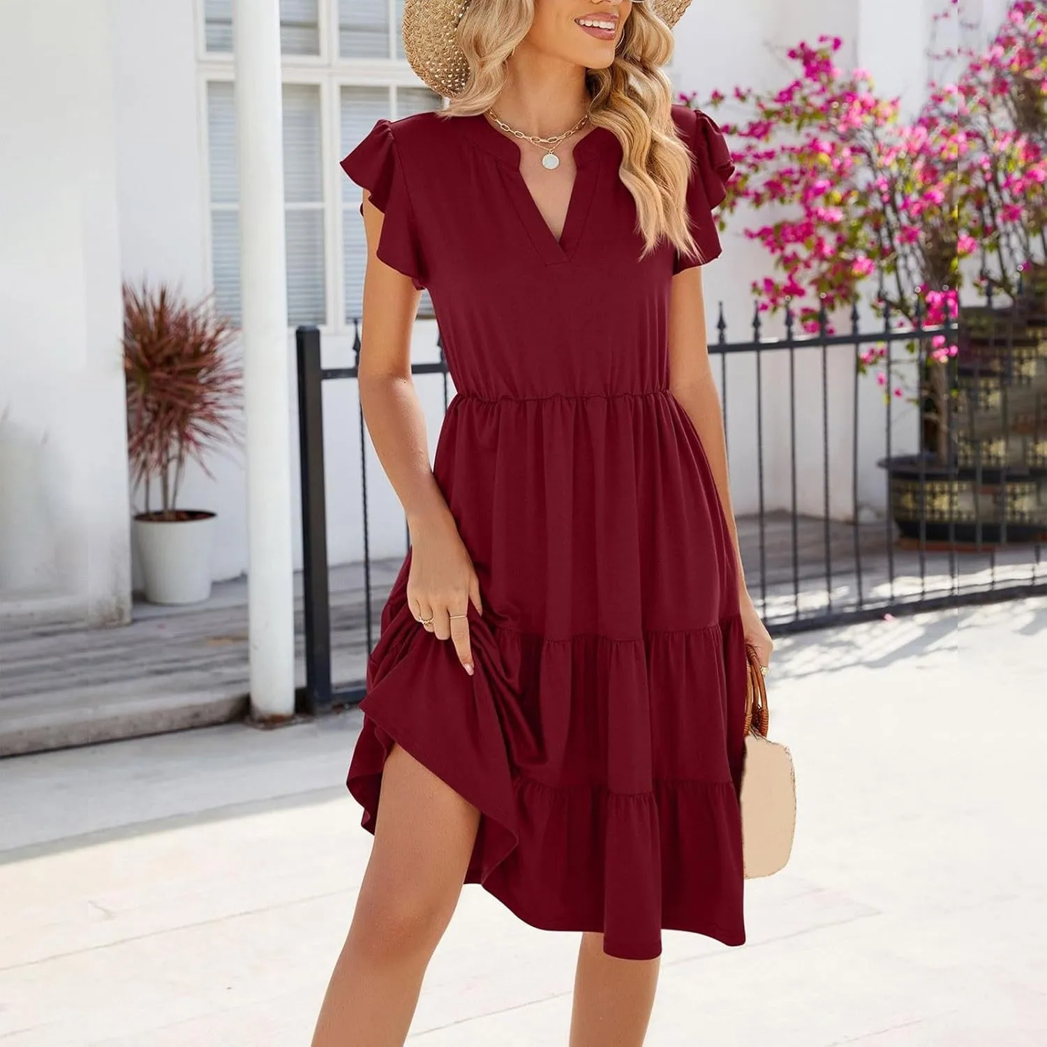 Women Short Sleeve Knee Length Sundress Solid Color A Line Vacation Dresses Casual Trendy Outfit with Pockets