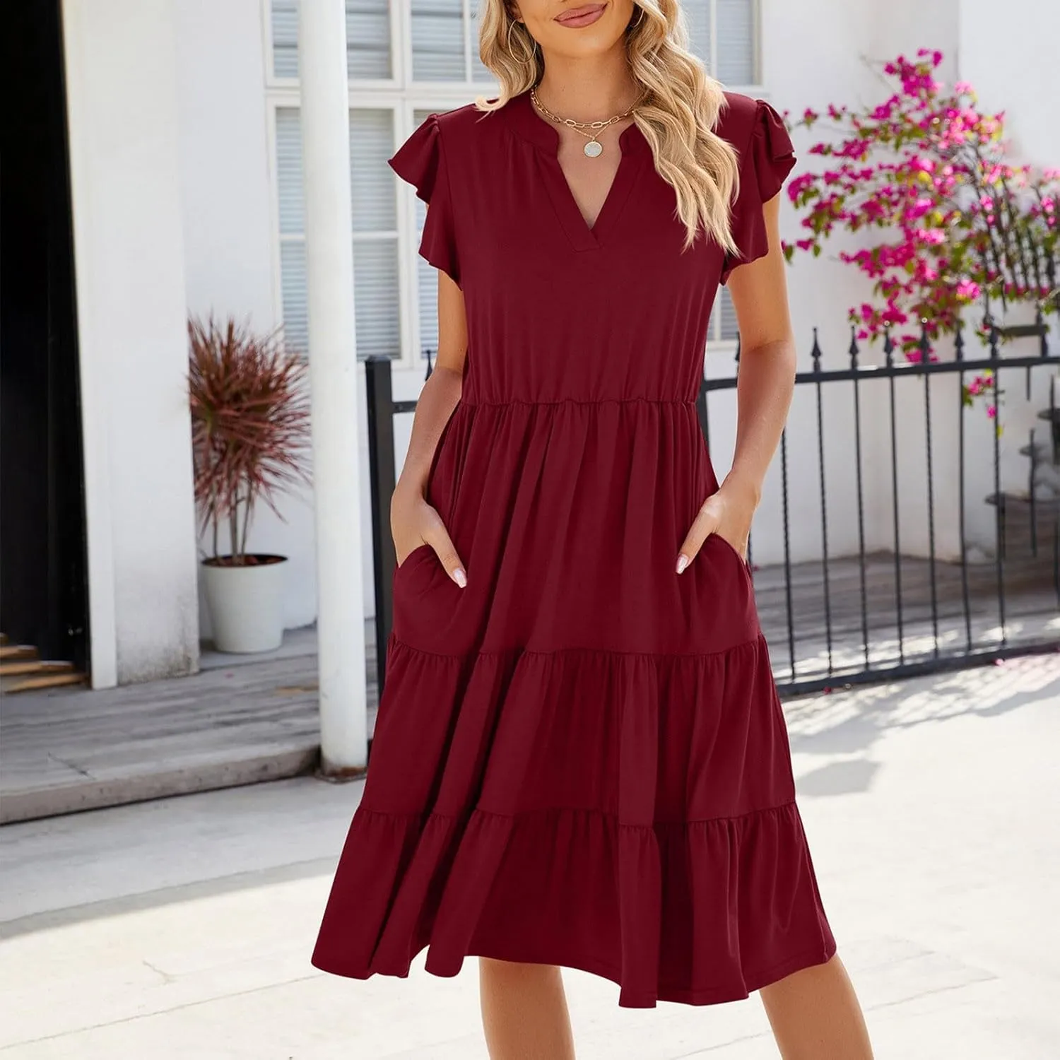Women Short Sleeve Knee Length Sundress Solid Color A Line Vacation Dresses Casual Trendy Outfit with Pockets