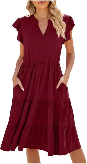 Women Short Sleeve Knee Length Sundress Solid Color A Line Vacation Dresses Casual Trendy Outfit with Pockets